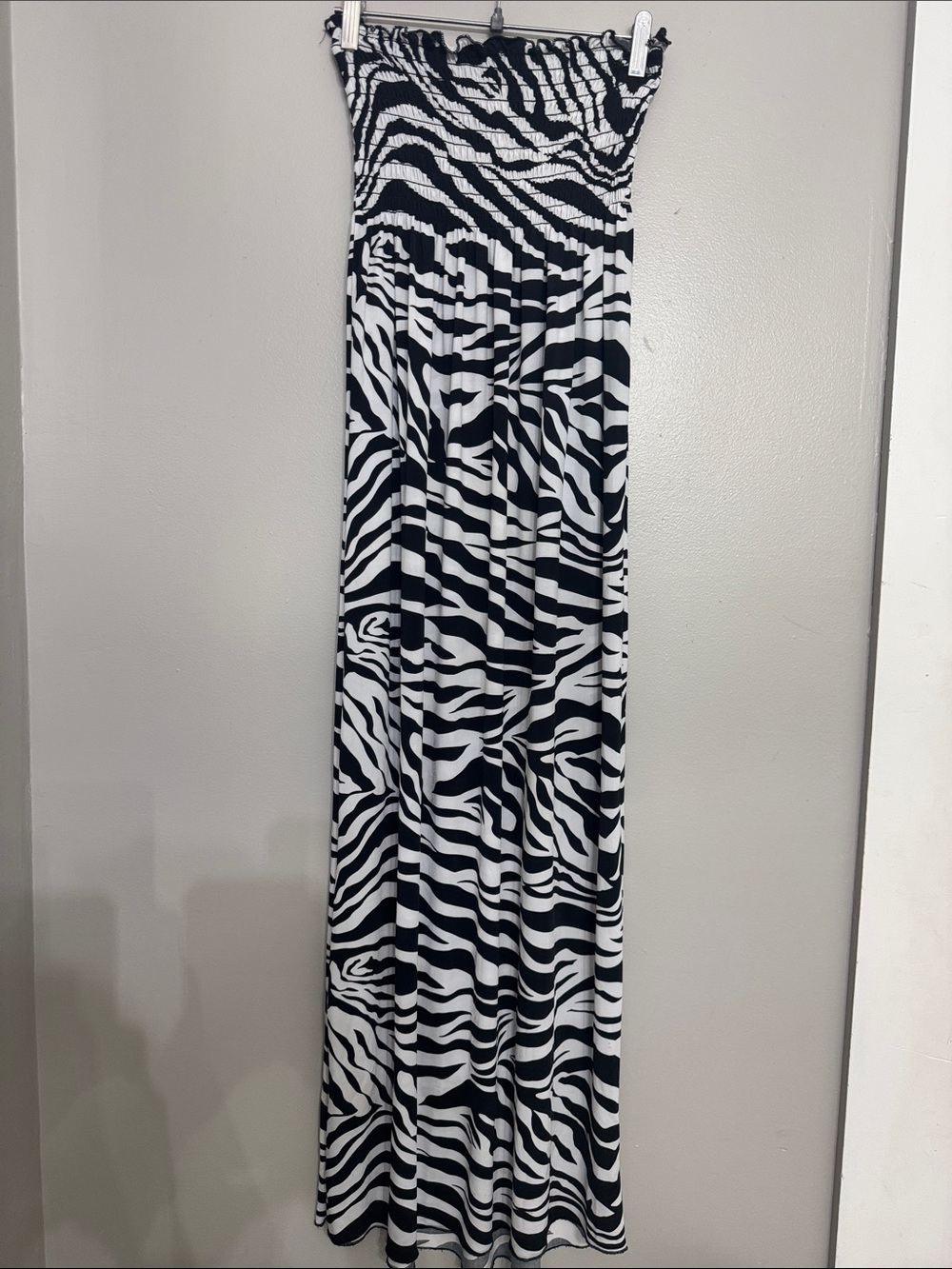 Black and White Zebra Print Maxi Dress with Smocked Bodice